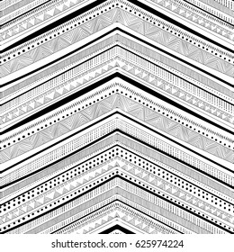 Seamless ethnic pattern drawn by hand. Black and white vector illustration. Horizontal geometric strip. Zigzag.