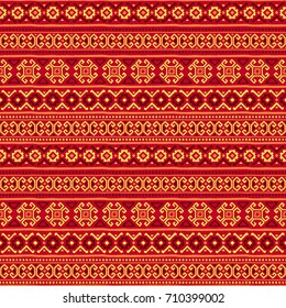 Seamless ethnic pattern drawn by hand. Multicolored geometric elements. Print for textiles with horizontal stripes. Vector illustration with tribal motifs.