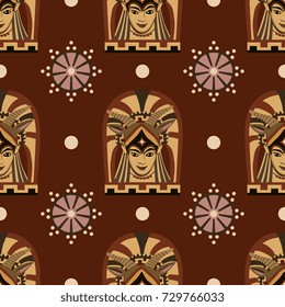 Seamless ethnic pattern with Etruscan motifs. Terracotta antique mask of smiling horned goddess. Polka dots.