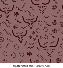 Seamless ethnic pattern for fabric. traditional drawings of africa, america, asia. tribal heritage. ancient cave paintings. for printing on fabric, textile design, room decoration, wallpaper. brown