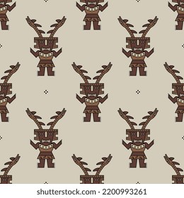 Seamless ethnic pattern with fantastic characters. Horned man with snake antlers. Native American art of ancient Peru. Chancay Sican culture. Brown silhouettes on light background.