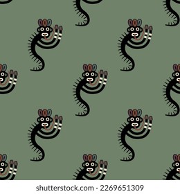 Seamless ethnic pattern with fantastic creatures. Nazca pottery. Native American art of ancient Peru. Indigenous Peruvian mythology. On green background. 