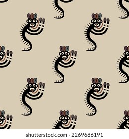 Seamless ethnic pattern with fantastic creatures. Nazca pottery. Native American art of ancient Peru. Indigenous Peruvian mythology. On white background.