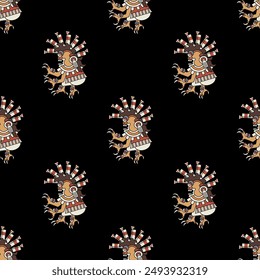Seamless ethnic pattern with fantastic monsters from Aztec or Mixtec codex. Native American mythology. On black background.