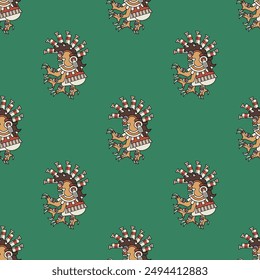 Seamless ethnic pattern with fantastic monsters from Aztec or Mixtec codex. Native American mythology. On green background.