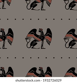 Seamless ethnic pattern with fantastic winged sphinxes. Ancient Greek vase painting motif.