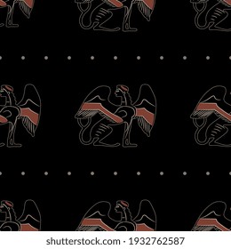 Seamless ethnic pattern with fantastic winged sphinxes. Ancient Greek vase painting motif.