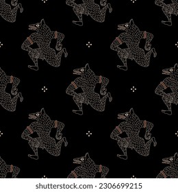 Seamless ethnic pattern with fantastic wolf men. Ancient Etruscan animal design. Vase painting style. On black background.