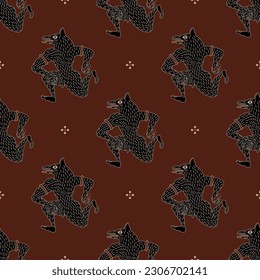Seamless ethnic pattern with fantastic wolf men. Ancient Etruscan animal design. Vase painting style. Black silhouettes on maroon red background.