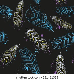 Seamless ethnic pattern with feathers. Abstract illustration can be used to print on fabric, paper, wallpaper and so on. 