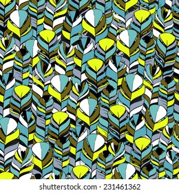 Seamless ethnic pattern with feathers. Abstract illustration, can be used to print on fabric, paper, wallpaper and so on. 