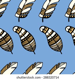 Seamless ethnic pattern with feathers. Abstract pattern of feathers, can be used to print on fabric, paper, wallpaper and so on. Vector illustration