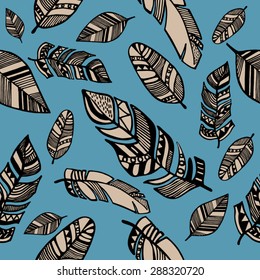 Seamless ethnic pattern with feathers. Abstract pattern of feathers, can be used to print on fabric, paper, wallpaper and so on. Vector illustration
