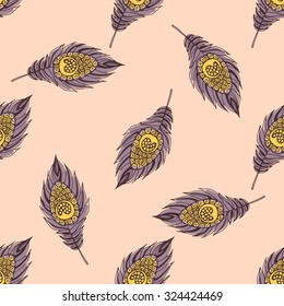 Seamless ethnic pattern with feathers. Abstract pattern of feathers, can be used to print on fabric, paper, wallpaper and so on.