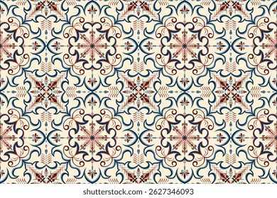 Seamless ethnic pattern featuring arabesque floral and geometric motifs in deep crimson red, indigo blue, and sand beige tones. Ideal for textile prints, Islamic design, and home decor accents.
