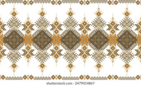 A seamless ethnic pattern featuring intricate geometric designs in earthy tones. This pattern, with its detailed diamond and cross motifs, reflects traditional craftsmanship and cultural aesthetics,