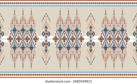 A seamless ethnic pattern featuring intricate geometric designs in earthy tones. This pattern, with its detailed diamond and cross motifs, reflects traditional craftsmanship perfect for textile design