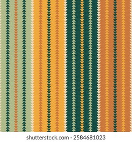 Seamless ethnic pattern featuring stripes with repeating arrow motifs in earthy tones of sage green, golden yellow, forest green, and terracotta. Traditional Native American-inspired geometric design.