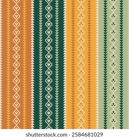 Seamless ethnic pattern featuring vertical stripes with repeating motifs in earthy tones of sage green, golden, and terracotta. Traditional Native American-inspired geometric design in vector format.