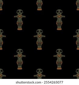 Seamless ethnic pattern with female figurines. Neolithic goddess. Vinča culture from Serbia. On black background.