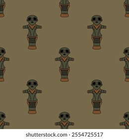 Seamless ethnic pattern with female figurines. Neolithic goddess. Vinča culture from Serbia. On gray background.