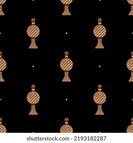 Seamless ethnic pattern with figurines of Mycenaean bird goddess. Ancient Greek folk art. On black background.