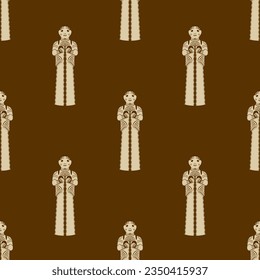 Seamless ethnic pattern with figurines of Mycenaean mother goddess. Archaic ancient Greek women. On brown background.