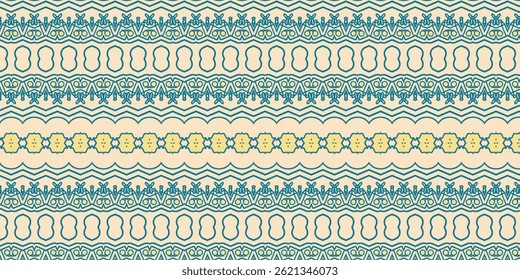 Seamless Ethnic Pattern with Floral and Geometric Motifs – Light Beige and Teal
