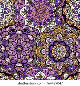 Seamless ethnic pattern with floral motif. Mandala stylized print template for fabric and paper. Indian or Arabic motif. Boho festival style.
