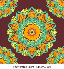 Seamless ethnic pattern with floral motives. Mandala stylized print template for fabric and paper. Boho chic design. Summer fashion.