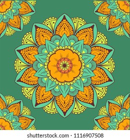 Seamless ethnic pattern with floral motives. Mandala stylized print template for fabric and paper. Boho chic design. Summer fashion.