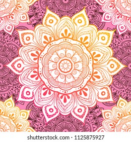 Seamless ethnic pattern with floral motives. Mandala stylized print template for fabric and paper. Boho chic design. Summer fashion.