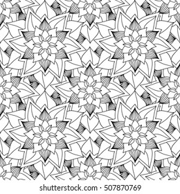 Seamless ethnic pattern with floral motives. Mandala stylized print template for fabric and paper. Outline Mandala for coloring book. Boho chic design. Hand drawn background.