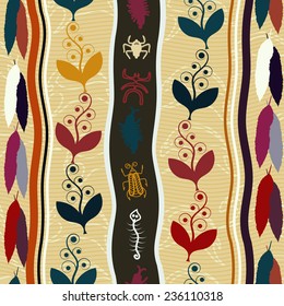  Seamless ethnic pattern with flowers and feathers. Tribal painting. Sample of fabric, wallpaper and desktop.Vector illustration.