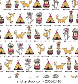 Seamless ethnic pattern with funny american indian animals: foxes, owls, wolfs.