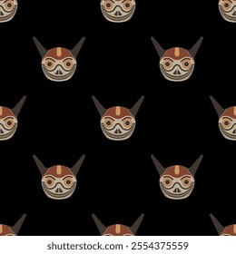 Seamless ethnic pattern with funny horned skulls. Ethnic South American masks. Indigenous design of Wari or Huari culture from ancient Peru.