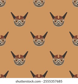 Seamless ethnic pattern with funny horned skulls. Ethnic South American masks. Indigenous design of Wari or Huari culture from ancient Peru.