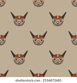 Seamless ethnic pattern with funny horned skulls. Ethnic South American masks. Indigenous design of Wari or Huari culture from ancient Peru.