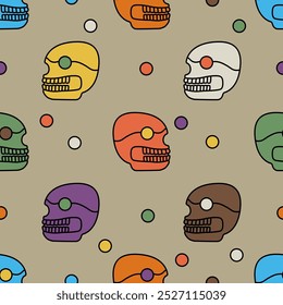 Seamless ethnic pattern with funny human skulls and confetti. Did de los Moertos design. Mexican festival. Merry Day of the Dead.