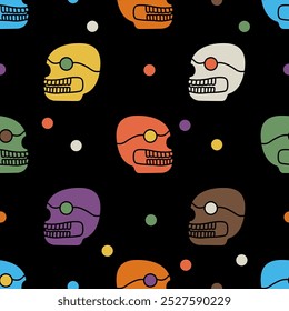 Seamless ethnic pattern with funny human skulls and confetti. Did de los Moertos design. Mexican festival. Merry Day of the Dead. On black background.