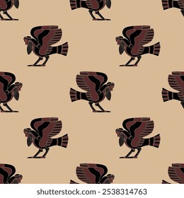 Seamless ethnic pattern with funny winged bird man. Ancient Greek male siren or harpy. Fantastic mythological creature. Vase painting style.