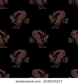 Seamless ethnic pattern with funny winged bird man. Ancient Greek male siren or harpy. Fantastic mythological creature. Vase painting style.