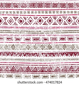 Seamless ethnic pattern. Geometric elements on a white background. Pink and gray colors. Vintage illustration with tribal motifs. Striped grunge background. Handmade vector ornament. Cute print.