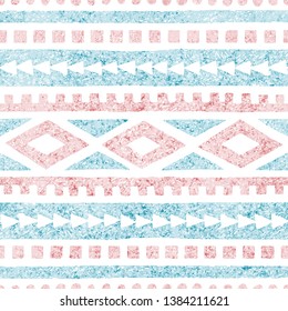 Seamless ethnic pattern. Geometric ornament drawn in pencil. Blue and pink shades on a white background. Vector illustration.