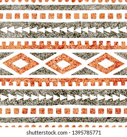 Seamless ethnic pattern. Geometric ornament drawn in pencil. Gray and orange shades on a white background. Vector illustration.