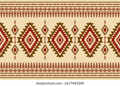 Seamless ethnic pattern with geometric shapes and tribal elements creating a decorative background design..