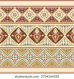padrão étnico sem costura motivos tribais geométricos bordas horizontais formas de diamante, triângulos padrões têxteis tradicionais típicos várias culturas tribos de colina do sudeste asiático Nativo Americano Mexicano vermelho verde ouro branco bege estética boêmia tribal adequada têxtil impressão de tecido decorativo ilustração vetorial