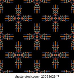 Seamless ethnic pattern with geometrical ancient Egyptian motifs. Square cross shape jewelry design. On black background.