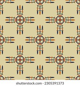 Seamless ethnic pattern with geometrical ancient Egyptian motifs. Square cross shape jewelry design. On yellow background.