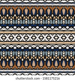 Seamless ethnic pattern in gold, beige and blue for border. Repeated oriental motif for fabric or paper design. Ribbons.